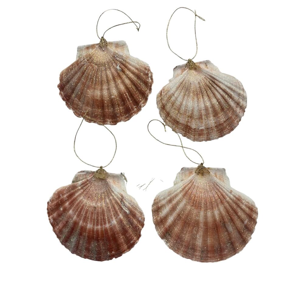 4pc Natural Scallop Seashell Ornaments Gold Glitter Coastal Holiday Decor